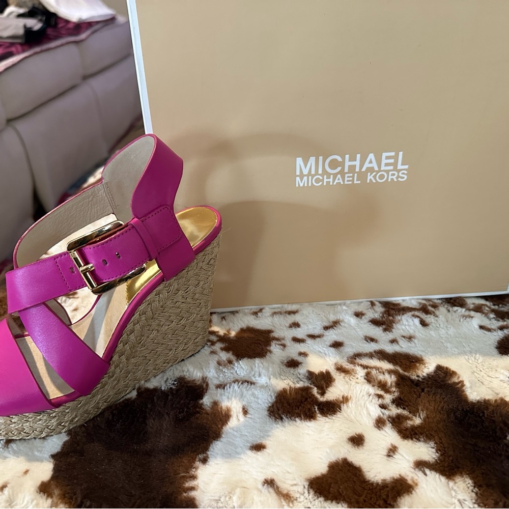 Michael Kors Pink Leather Espadrille Wedge Sandals - Picture 4 of 4